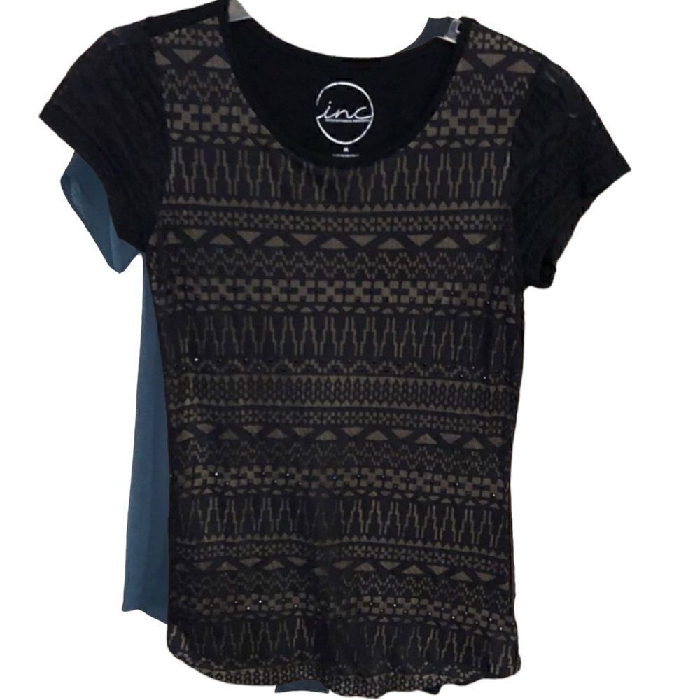 I.N.C. Sz M Black Beading & Lace Cotton Short Sleeve Casual Night T -Shirt